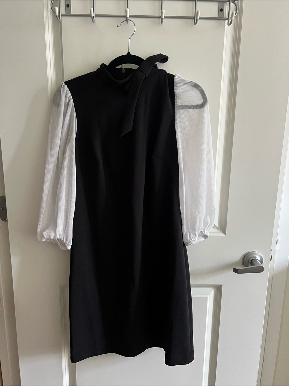 Calvin Klein Black Dress with White Puff Long Sleeves and Neck Tie